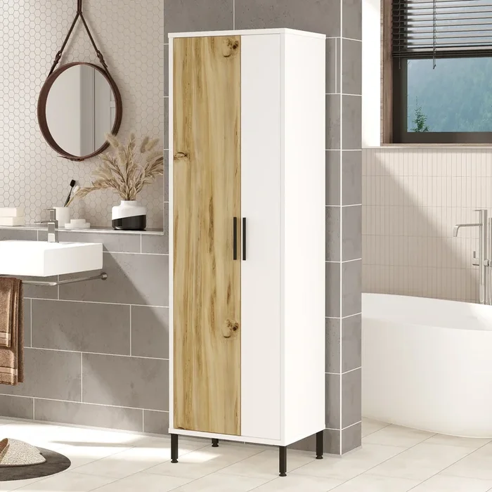 Armadietto multiuso porta scope 2 ante in legno bianco e quercia cm 50x35x165h