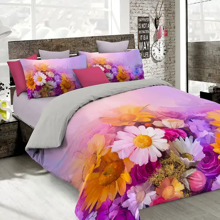 Bettbezug mit Aufdruck auf der Doppeltasche und den Kissenbezügen