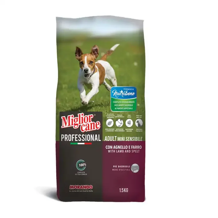 CIBO PER CANE MIGLIOR CANE PROFESSIONAL ADULT MINI SENSIBILE AGNELLO E FARRO 1,5 KG