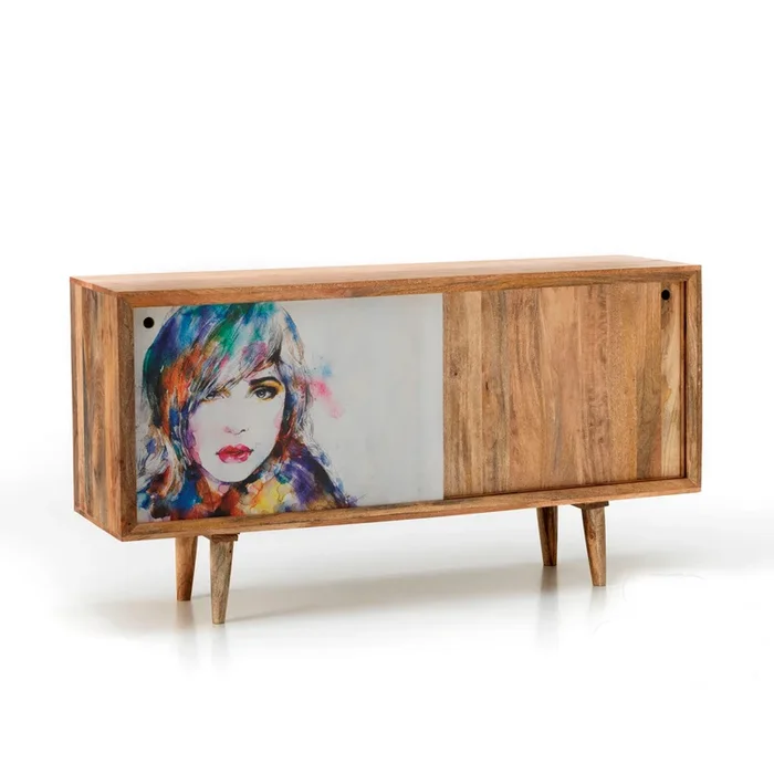 Madia moderna con ante scorrevoli in legno di mango ritratto di donna cm 160x45x85h