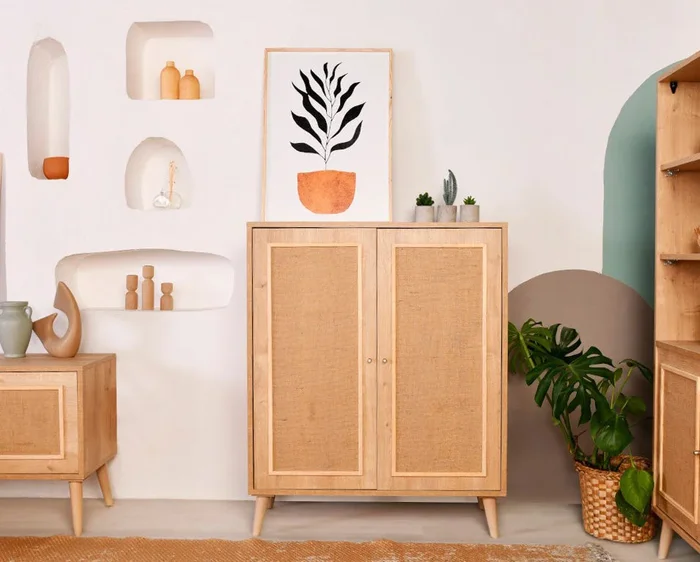 Mobile 2 ante zona giorno multiuso colore quercia applicazioni in tessuto cm 90x40x110h