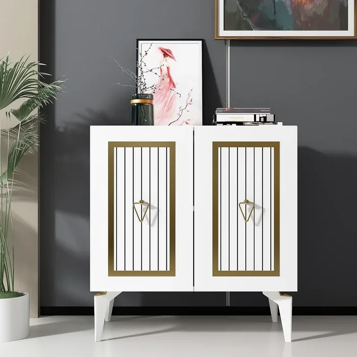 Mobile living 2 ante bianco con decori colore oro cm 75x40x79h