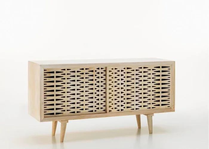 Mobile madia in legno massello di mango colore bianco lavorato stile etnico cm 45x160x85h