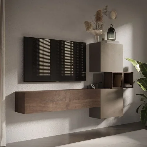 Parete attrezzata sospesa 220x130h cm moderna tortora rovere Sunset 53