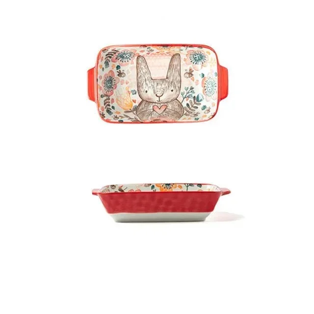 Piatto Rettangolare Ceramica Fantasie Varie Animali Foresta Coniglio Cervo Orso Colorato Capiente