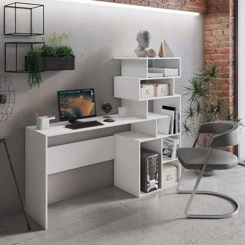 Scrivania 158/40cm ufficio con libreria bianco frassino Claire