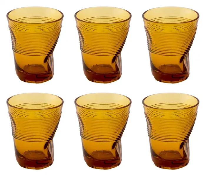 Set 6 Crumpled Glasses 36 cl Ø9 cm in Kaleidos Amber Pressed Glass