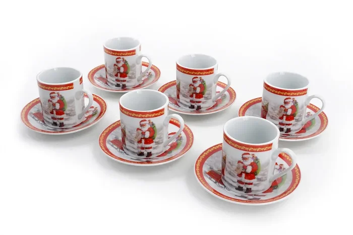 Weihnachtskaffee-Set 6 Tassen und 6 Untertassen aus Keramik